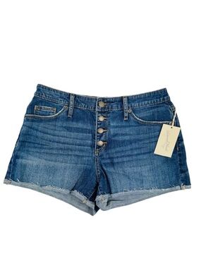 Universal Thread Jean Shortie Shorts Sz 6 / 28R Blue Frayed Button Front Stretch